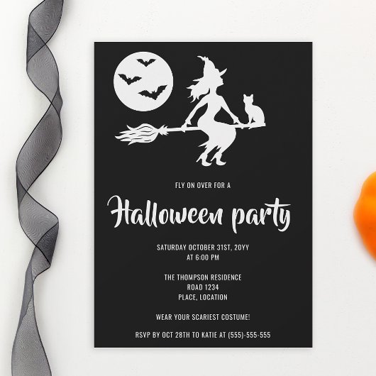 Minimalistische heks zwart-wit Halloween Party Kaart