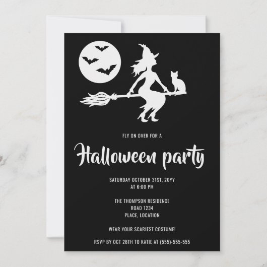 Minimalistische heks zwart-wit Halloween Party Kaart (Voorkant)