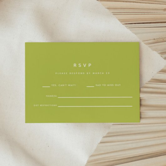 Minimalistische helder limoengroene bruiloft RSVP kaartje