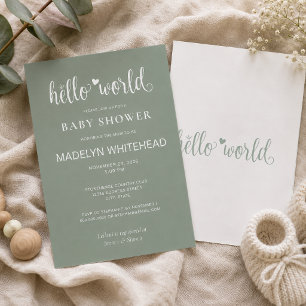 Minimalistische Hello World Baby Shower Sage Groen Kaart