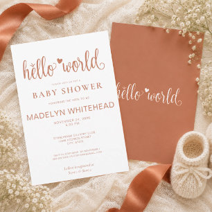Minimalistische Hello World Baby Shower Terracotta Kaart