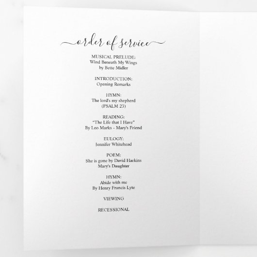 Minimalistische herdenkingsbegrafenis drieluik programma (Binnenzijde eerst)