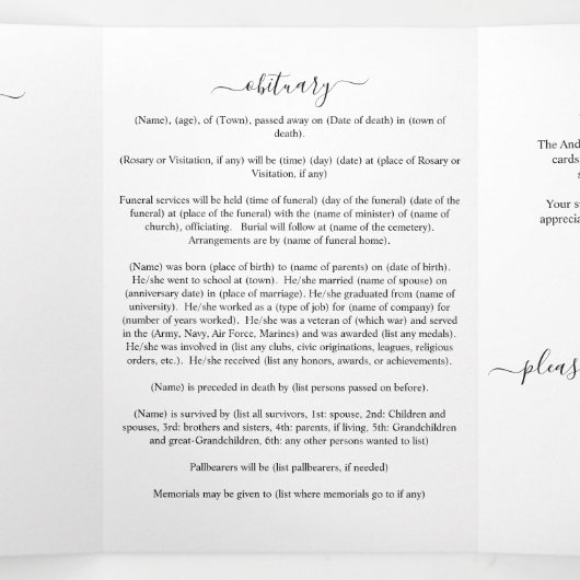 Minimalistische herdenkingsbegrafenis drieluik programma (Binnenkant midden)