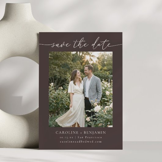 Minimalistische herfst bruine aardse script foto b save the date