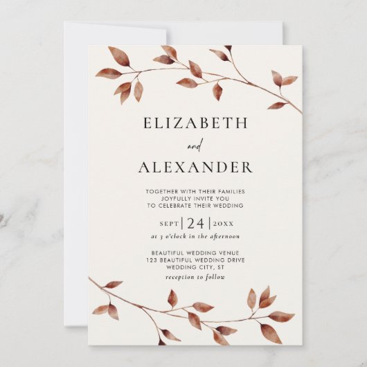 Minimalistische herfstbladeren botanische bruiloft kaart (Voorkant)
