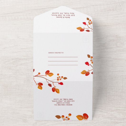 Minimalistische herfstbladeren trouwuitnodiging al all in one uitnodiging (Buitenkant)