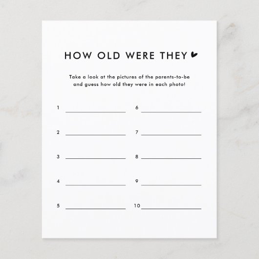 Minimalistische 'Hoe oud waren ze' baby shower spe (Voorkant)