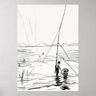 Minimalistische hoek hengelmeer lijn kunst poster