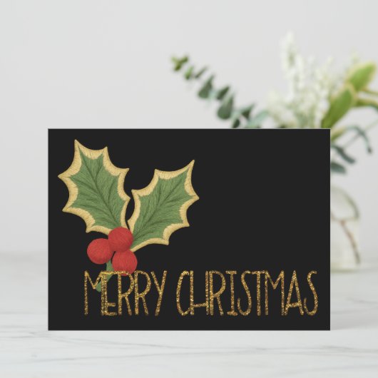Minimalistische Holly Berries borduurwerk Kerstmis Feestdagenkaart (Staand voorkant)
