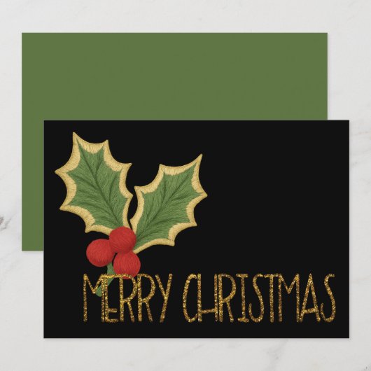 Minimalistische Holly-bessen Borduurwerk Kerstmis Feestdagenkaart (Voorkant / Achterkant)