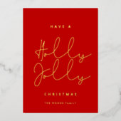 Minimalistische Holly Jolly Kerst Rood en Goud Folie Feestdagenkaart (Voorkant)