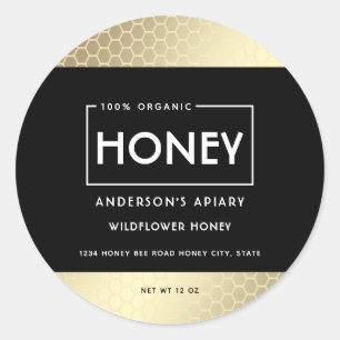 Minimalistische honingraat typografie zwart goud ronde sticker