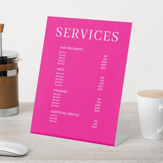 Minimalistische Hot Pink Salon prijslijst Service  Reclamebord Met Voetstuk (Insitu)