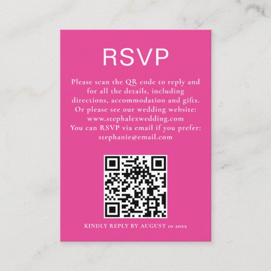 Minimalistische Hot Pink Tekst QR Code RSVP Informatiekaartje (Voorkant)