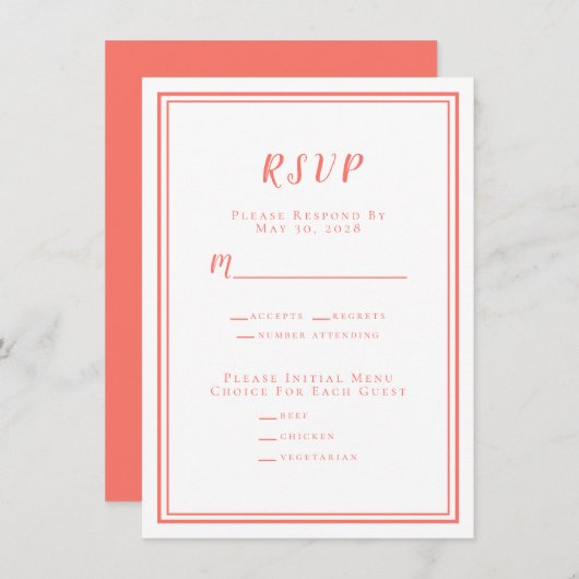 Minimalistische Huwelijks RSVP Menu Koraal Wit (Voorkant / Achterkant)