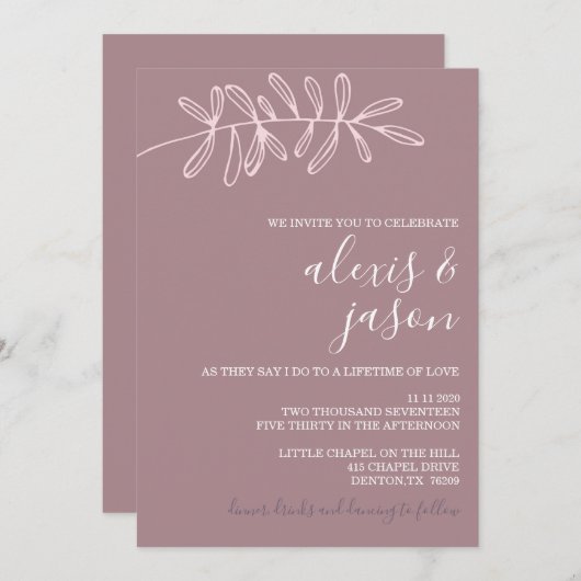 Minimalistische huwelijksuitnodiging - Mauve Flora Kaart (Voorkant / Achterkant)