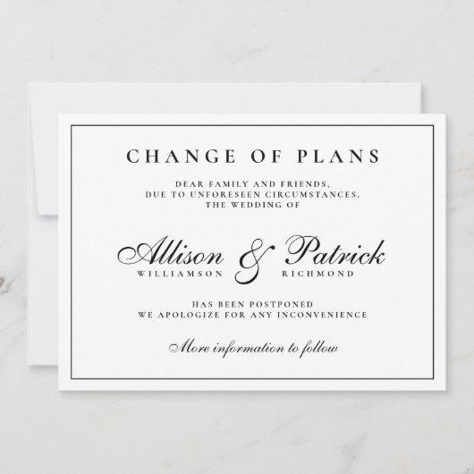 Minimalistische Huwelijksuitstel Zwart-Wit Aankondiging (Voorkant)