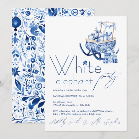 Minimalistische Hygge Blauwe Kerst Witte Olifant Kaart (Voorkant / Achterkant)