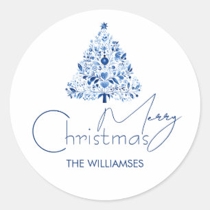 Minimalistische Hygge Witte en Blauwe Kerstboom Ronde Sticker