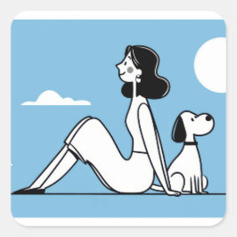 Minimalistische Illustratie van Vrouw en Hond Vierkante Sticker