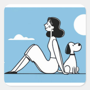 Minimalistische Illustratie van Vrouw en Hond Vierkante Sticker
