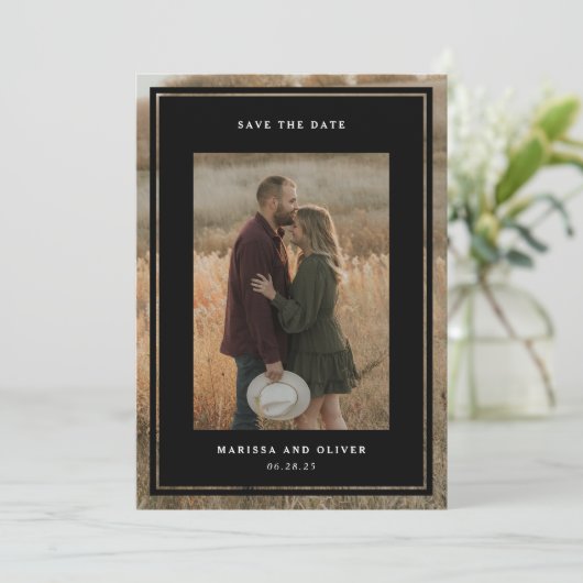 Minimalistische ingelijste foto QR-website trouwda Save The Date (Staand voorkant)