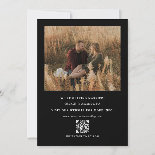 Minimalistische ingelijste foto QR-website trouwda Save The Date (Achterkant)