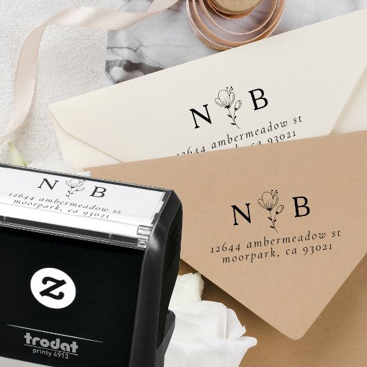 Minimalistische Initialen Bloemenpaar Retouradres Zelfinktende Stempel