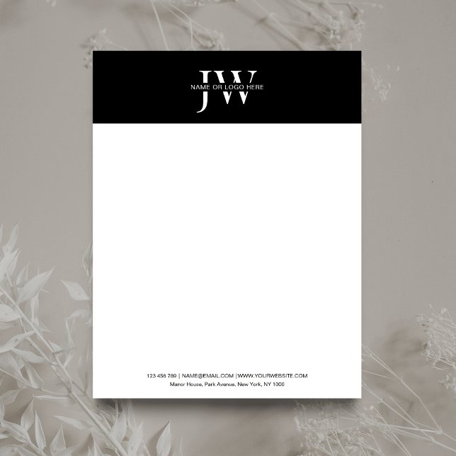 Minimalistische Initialen Monogram Zwart-wit bedri Briefhoofd (Striking black and white business letterhead with space for you initials and business details)