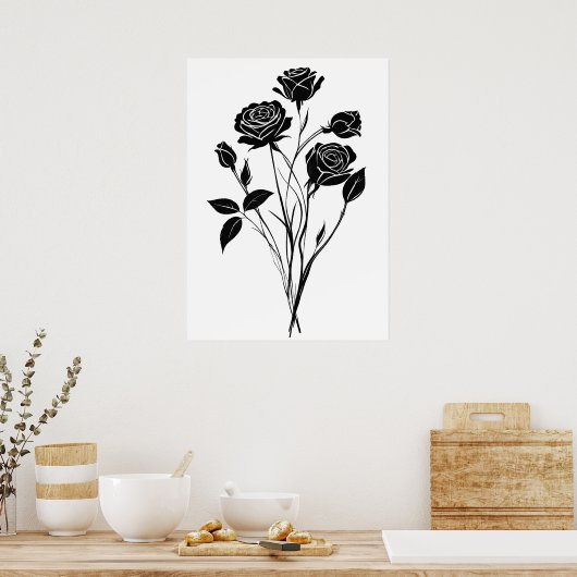 Minimalistische Ink Rozen Abstracte Bloemenkunst i Poster (Keuken)