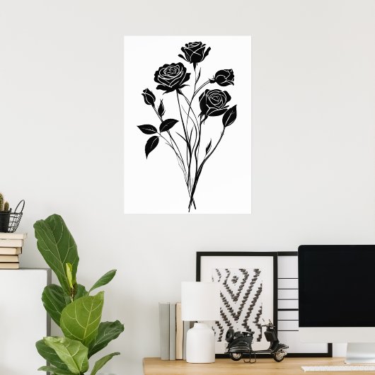 Minimalistische Ink Rozen Abstracte Bloemenkunst i Poster (Thuiskantoor)