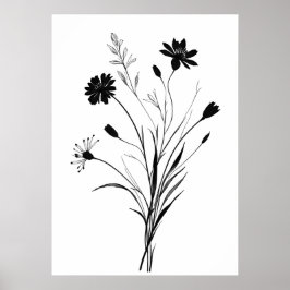 Minimalistische Ink Wildflower zwart-wit bloem Poster