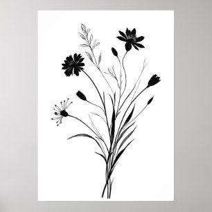Minimalistische Ink Wildflower zwart-wit bloem Poster