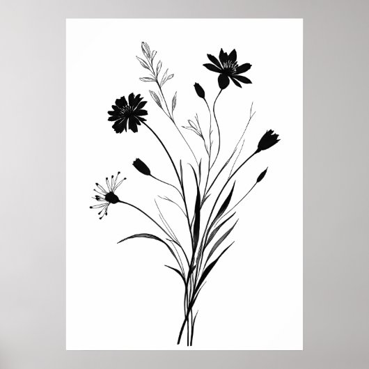 Minimalistische Ink Wildflower zwart-wit bloem Poster (Voorkant)