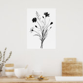 Minimalistische Ink Wildflower zwart-wit bloem Poster (Keuken)