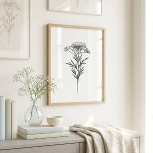 Minimalistische inkt bloem tekening in zwart poster