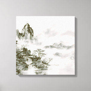 Minimalistische inkt nevelige Zen berglandschap Canvas Afdruk