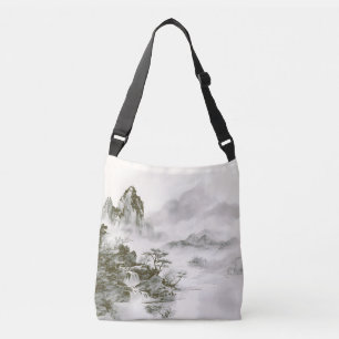 Minimalistische inkt nevelige Zen berglandschap Crossbody Tas