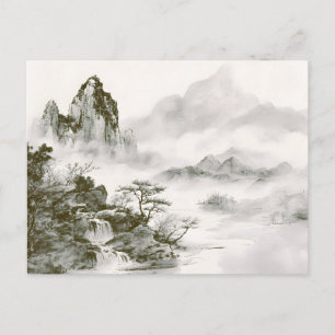 Minimalistische inkt nevelige Zen berglandschap Feestdagenkaart
