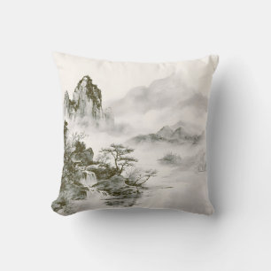 Minimalistische inkt nevelige Zen berglandschap Kussen