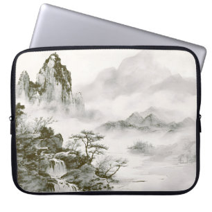 Minimalistische inkt nevelige Zen berglandschap Laptop Sleeve