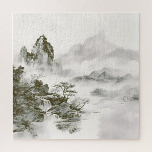 Minimalistische inkt nevelige Zen berglandschap Legpuzzel