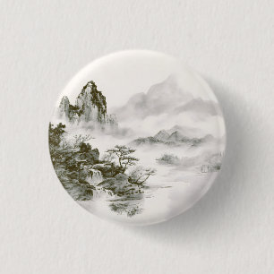 Minimalistische inkt nevelige Zen berglandschap Ronde Button 3,2 Cm