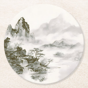Minimalistische inkt nevelige Zen berglandschap Ronde Kartonnen Onderzetter