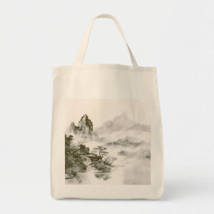 Minimalistische inkt nevelige Zen berglandschap Tote Bag