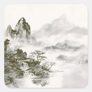Minimalistische inkt nevelige Zen berglandschap Vierkante Sticker