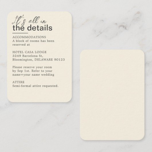 Minimalistische ivoor bruiloft details informatiekaartje (Voorkant / Achterkant)