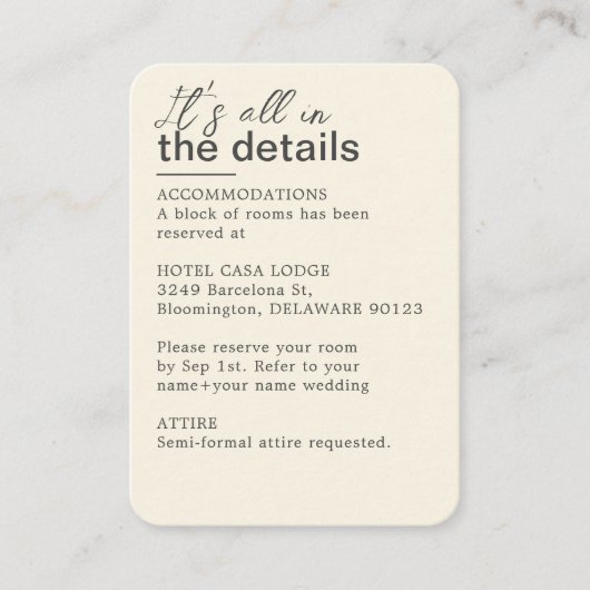 Minimalistische ivoor bruiloft details informatiekaartje (Voorkant)