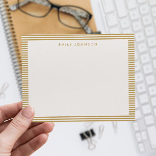 Minimalistische Ivoor en Gouden Strepen Monogram Notitiekaartje