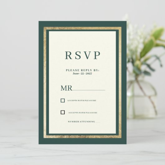 Minimalistische ivoorgouden bosgroene glam RSVP Kaart (Staand voorkant)